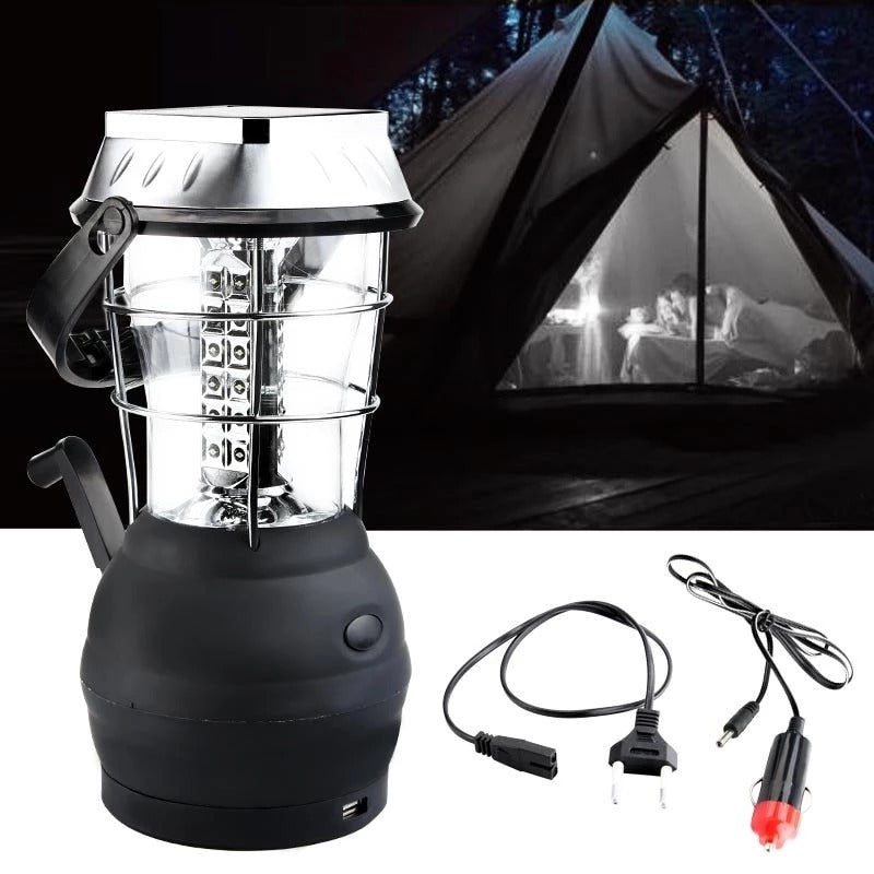 Solar and hand-crank camping lantern with rechargeable battery